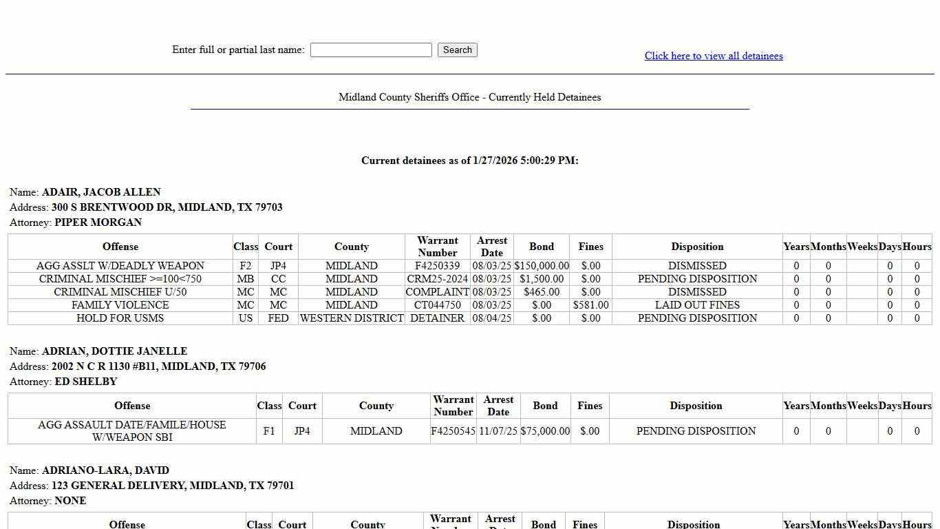 Midland County Sheriffs Office - Currently Held Detainees