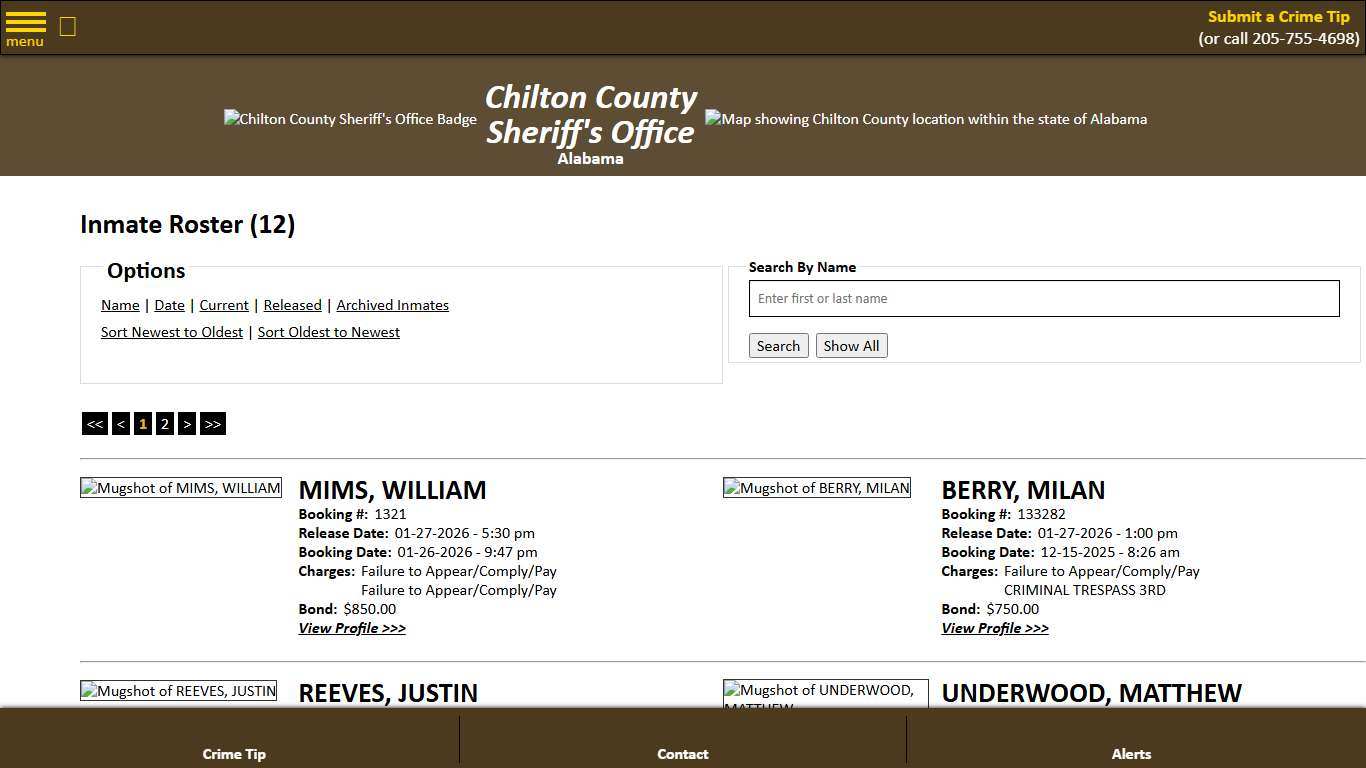 Inmate Roster - Released Inmates Booking Date Descending - Chilton County Sheriff's Office